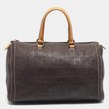 Pre Owned Carolina Herrera Dark Brown Monogram Embossed Leather Large Andy Boston Bag