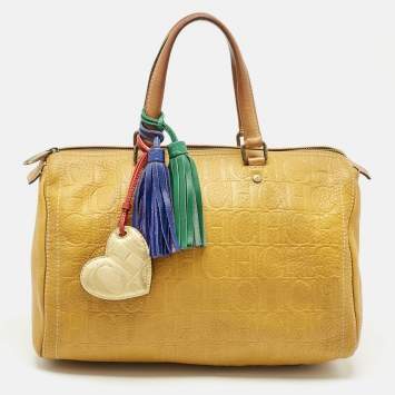 Pre Owned Carolina Herrera Mustard/Beige Monogram Leather Large Andy Satchel