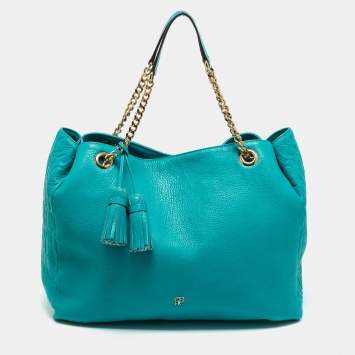 Pre Owned Carolina Herrera Green Monogram Embossed Leather Tassel Chain Tote
