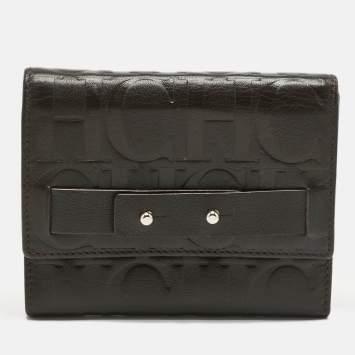 Pre Owned Carolina Herrera Dark Brown Monogram Leather Trifold Wallet