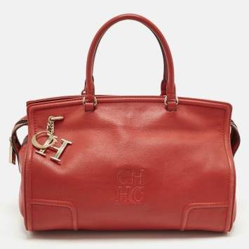 Pre Owned Carolina Herrera Red Leather CH Logo Charm Tote
