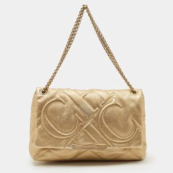 Pre Owned Carolina Herrera Gold Embossed Leather Metal Flap Shoulder Bag