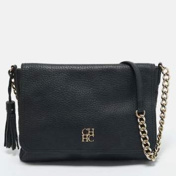 Pre Owned Carolina Herrera Black Leather Tassel Flap Shoulder Bag