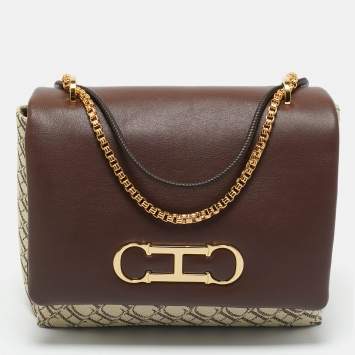 Pre Owned Carolina Herrera Brown/Off White Monogram Canvas and Leather Initials Insignia Shoulder Bag