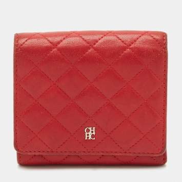 Pre Owned Carolina Herrera Red Quilted Leather Trifold Compact Wallet