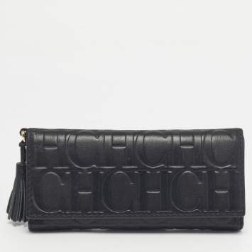 Pre Owned Carolina Herrera Black Monogram Embossed Leather Tassel Trifold Continental Wallet