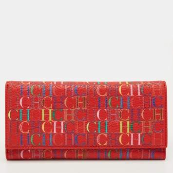 Pre Owned Carolina Herrera Red Monogram Coated Canvas Trifold Continental Wallet