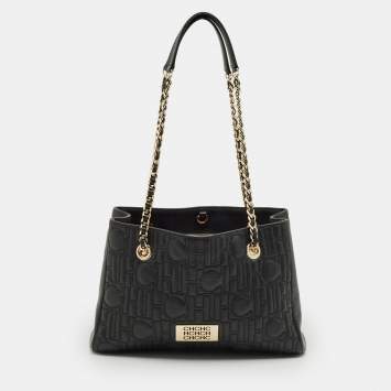 Pre Owned Carolina Herrera Black Monogram Leather CHHC Chain Tote