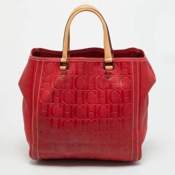 Pre Owned Carolina Herrera Red Monogram Embossed Leather Boston Tote