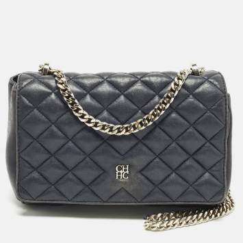 Pre Owned Carolina Herrera Logo Flap Navy Blue Quilted Leather Shoulder Bag