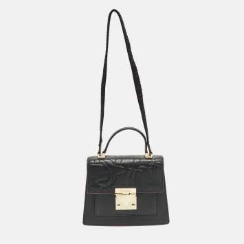 Pre Owned Carolina Herrera Pushlock Black/Red Logo Embossed Leather Top Handle Bag