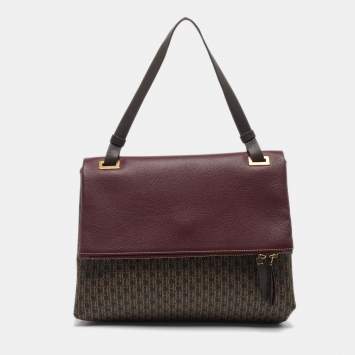 Pre Owned Carolina Herrera Flap Burgundy/Brown Monogram Coated Canvas Leather Top Handle Bag