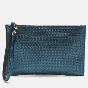 مملوكة مسبقًا Carolina Herrera Metallic Blue Monogram Embossed Leather Wristlet Pouch