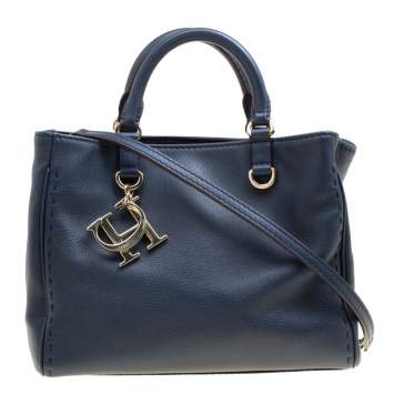 Pre Owned Carolina Herrera Navy Blue Leather Top Handle Bag