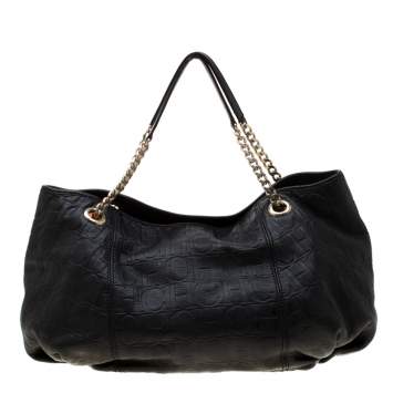 Pre Owned Carolina Herrera Black Monogram Leather Poppy Hobo