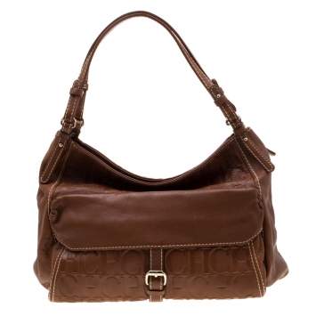 Pre Owned Carolina Herrera Tan Monogram Leather Shoulder Bag