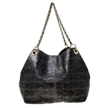 Pre Owned Carolina Herrera Black Monogram Leather Chain Shoulder Bag    