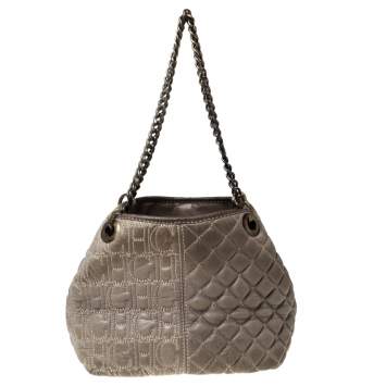 Pre Owned Carolina Herrera Olive Green Monogram Leather Chain Tote