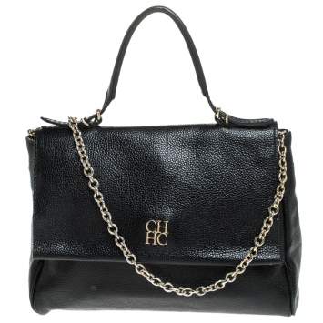 Pre Owned Carolina Herrera Black Leather Minuetto Flap Top Handle Bag