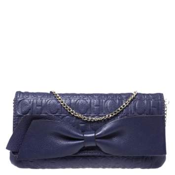 Pre Owned Carolina Herrera Purple Monogram Embossed Leather Bow Shoulder Bag
