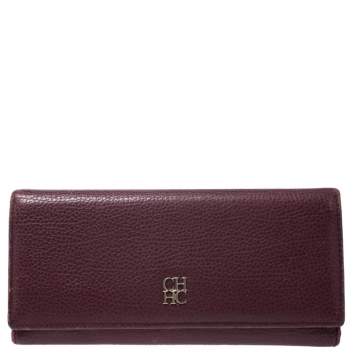 Pre Owned Carolina Herrera Burgundy Leather Long Trifold Wallet