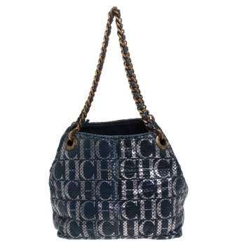 Pre Owned Carolina Herrera Blue Monogram Leather Chain Shoulder Bag
