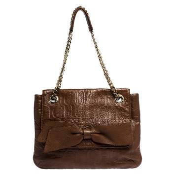 Pre Owned Carolina Herrera Brown Monogram Leather Audrey Shoulder Bag
