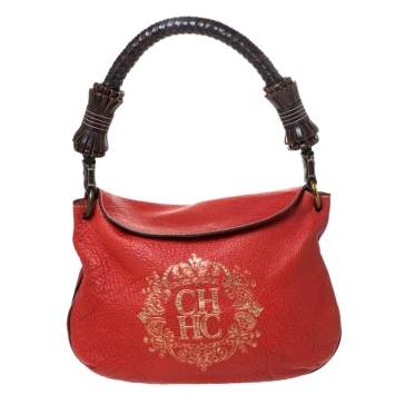مملوكة مسبقًا Carolina Herrera Orange/Brown logo Leather Braided Handle Hobo