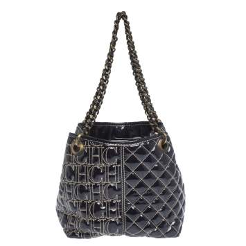 Pre Owned Carolina Herrera Eggplant Monogram Patent Leather Chain Tote
