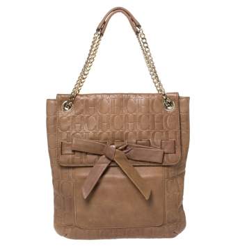 Pre Owned Carolina Herrera Light Brown Embossed Leather Bow Flap Hobo