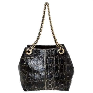 Pre Owned Carolina Herrera Black/Gold Monogram Patent Leather Chain Shoulder Bag