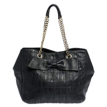 Pre Owned Carolina Herrera Black Monogram Leather Audrey Tote