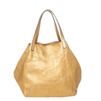 Pre Owned Carolina Herrera Gold Monogram Leather Matryoshka Tote