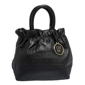 Pre Owned Carolina Herrera Black Monogram Leather Bucket Bag