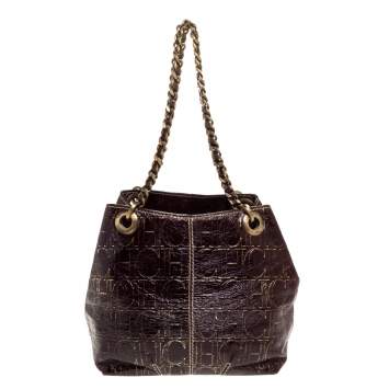 Pre Owned Carolina Herrera Brown/Gold Monogram Leather Chain Shoulder Bag