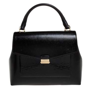 Pre Owned Carolina Herrera Black Monogram Patent Leather Push Lock Top Handle Bag