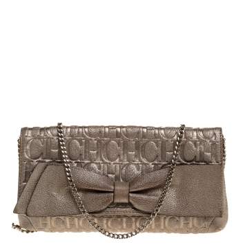 Pre Owned Carolina Herrera Gold Monogram Leather Bow Chain Clutch