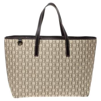 Pre Owned Carolina Herrera Beige/Brown Monogram Canvas and Leather Shopper Tote