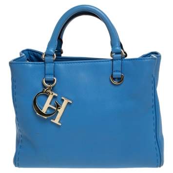 Pre Owned Carolina Herrera Blue Leather Charm Tote