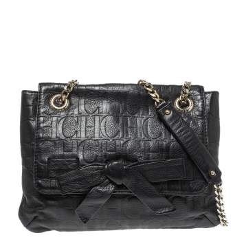 Pre Owned Carolina Herrera Black Monogram Leather Audrey Shoulder Bag