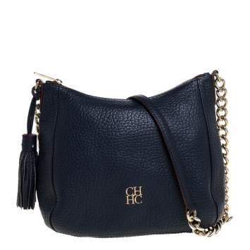 Pre Owned Carolina Herrera Navy Blue Pebbled Leather Maria Shoulder Bag