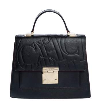 Pre Owned Carolina Herrera Black Embossed Leather Top Handle Bag