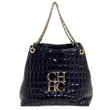 Pre Owned Carolina Herrera Purple Croc Embossed Patent Leather Tote