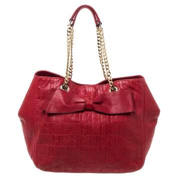 Pre Owned Carolina Herrera Red Monogram Leather Audrey Tote