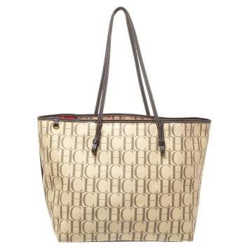 Pre Owned Carolina Herrera Beige/Brown Monogram PVC and Leather Shopper Tote