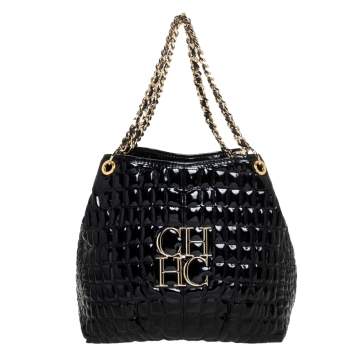 Pre Owned Carolina Herrera Black Croc Embossed Patent Leather Tote