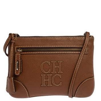 Pre Owned Carolina Herrera Brown Leather Logo CH Crossbody Bag