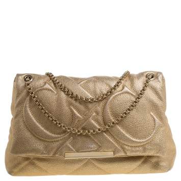 Pre Owned Carolina Herrera Gold Embossed Leather Metal Flap Shoulder Bag