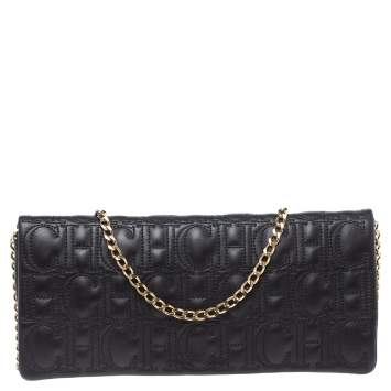 Pre Owned Carolina Herrera Black Monogram Leather Jerry Chain Clutch 