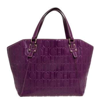Pre Owned Carolina Herrera Purple Embossed Leather Open Tote